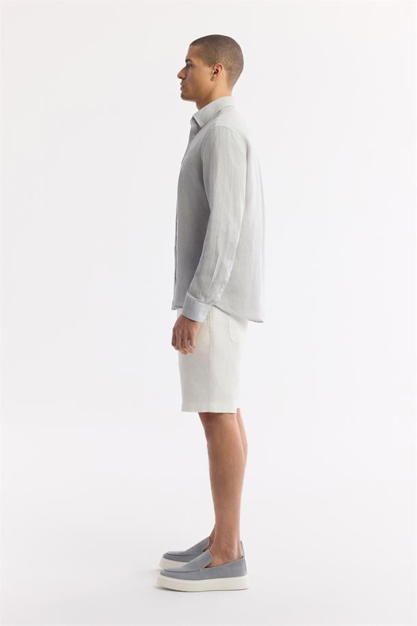 Gri Alttan Britli Yaka Nakışlı %100 Keten Gömlek