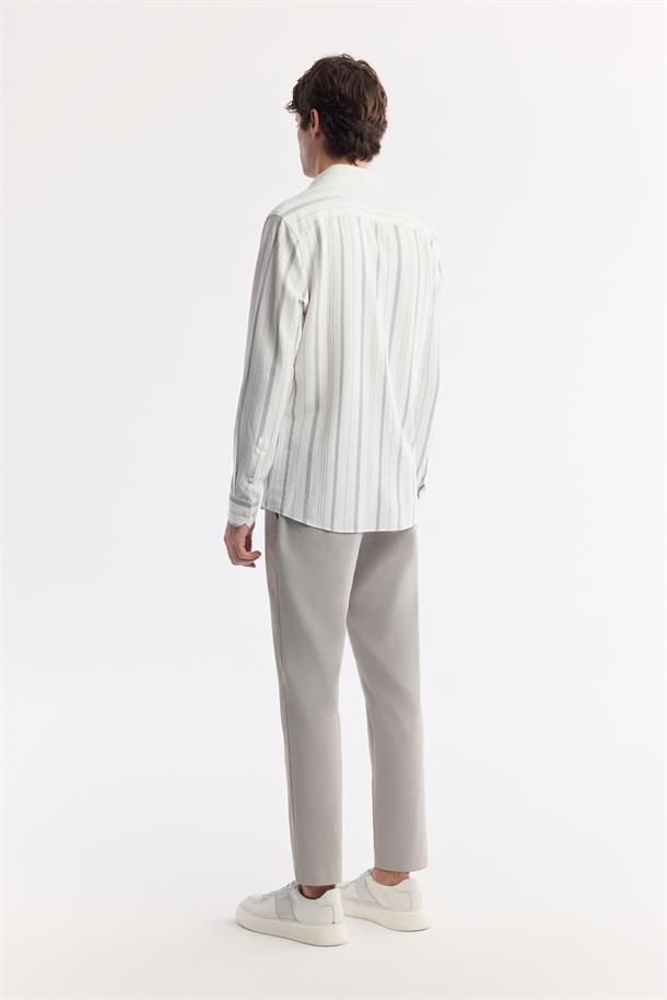 Gri Alttan Britli Yaka Gofreli Çizgili Gömlek