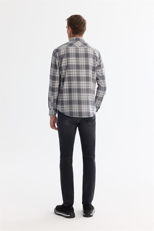 Gri Alttan Britli Yaka Ekoseli %100 Pamuk Flanel Gömlek