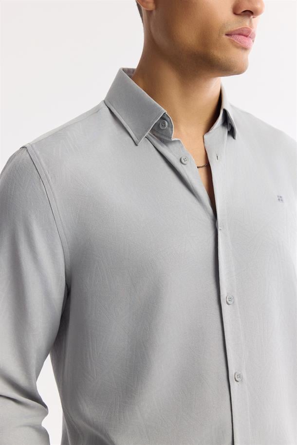 Gri Düğmeli Yaka Viskon Karışımlı Kolay Ütülenen Gömlek
