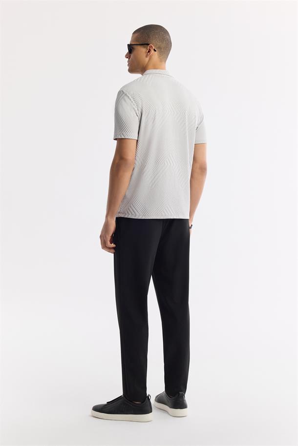 Gri Apaj Yaka Çizgili Jakarlı Elastan T-Shirt