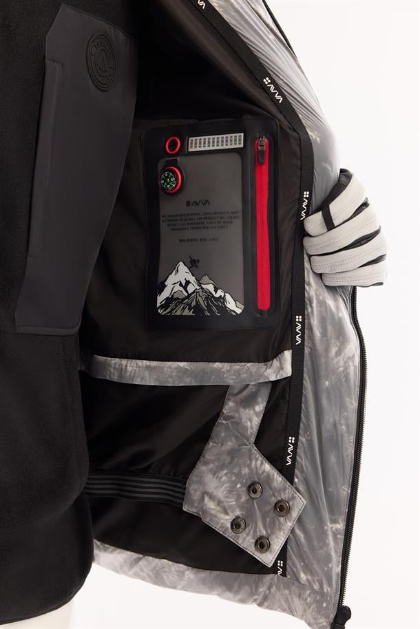 Gri Kapüşonlu Su İtici Rüzgar Geçirmez -10 Dereceye Dayanıklı Kayak Montu