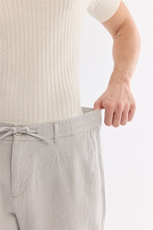 Gri Beli Bağcıklı Keten Karışımlı Chino Pantolon