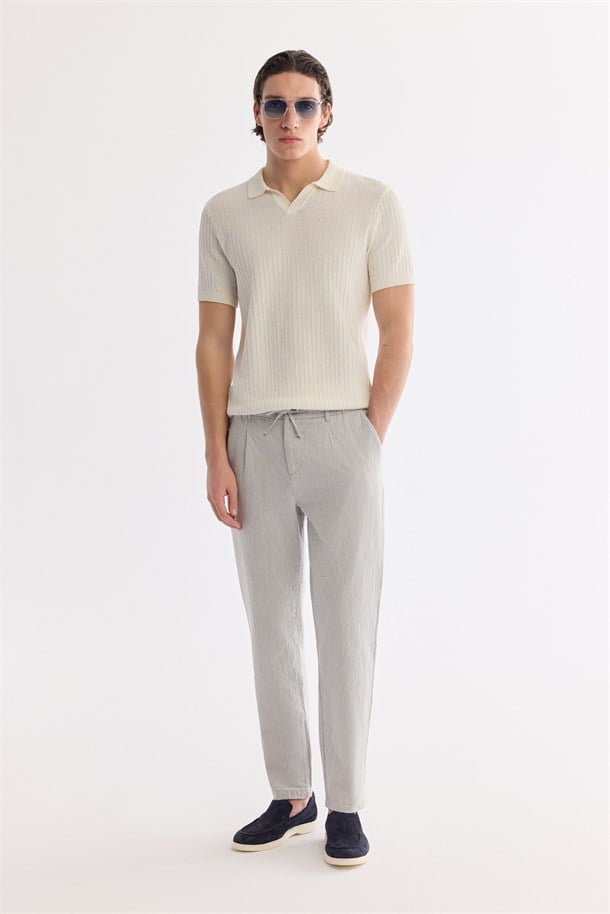 Gri Beli Bağcıklı Keten Karışımlı Chino Pantolon