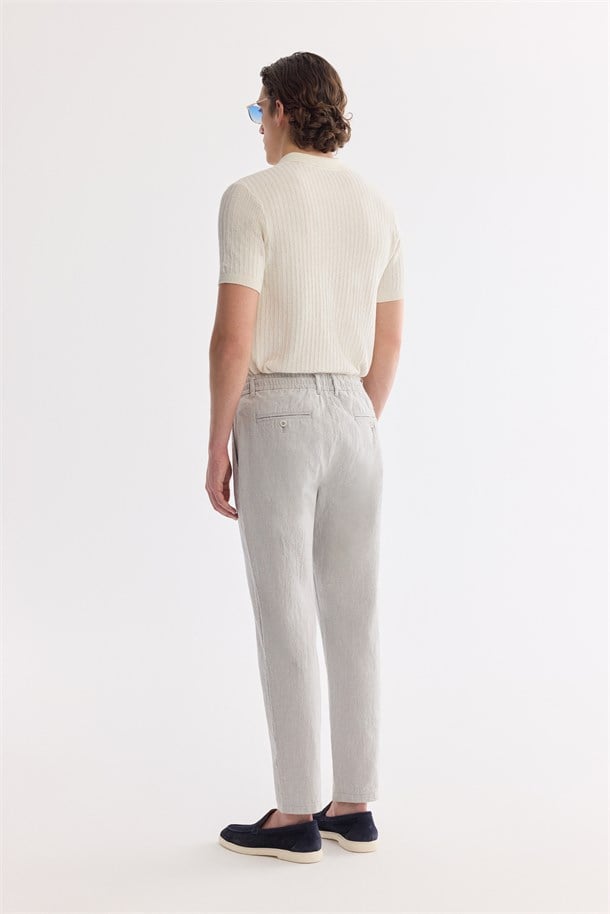 Gri Beli Bağcıklı Keten Karışımlı Chino Pantolon