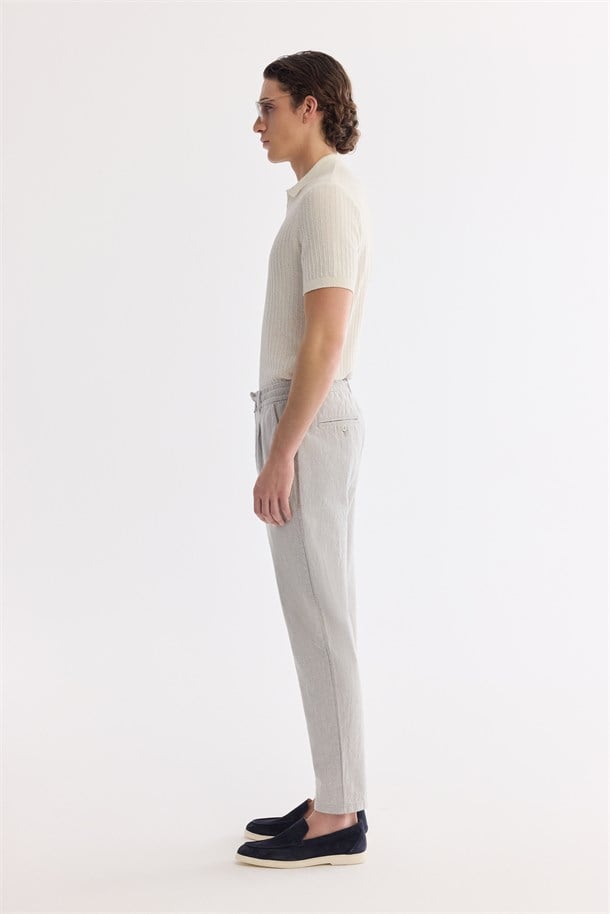 Gri Beli Bağcıklı Keten Karışımlı Chino Pantolon