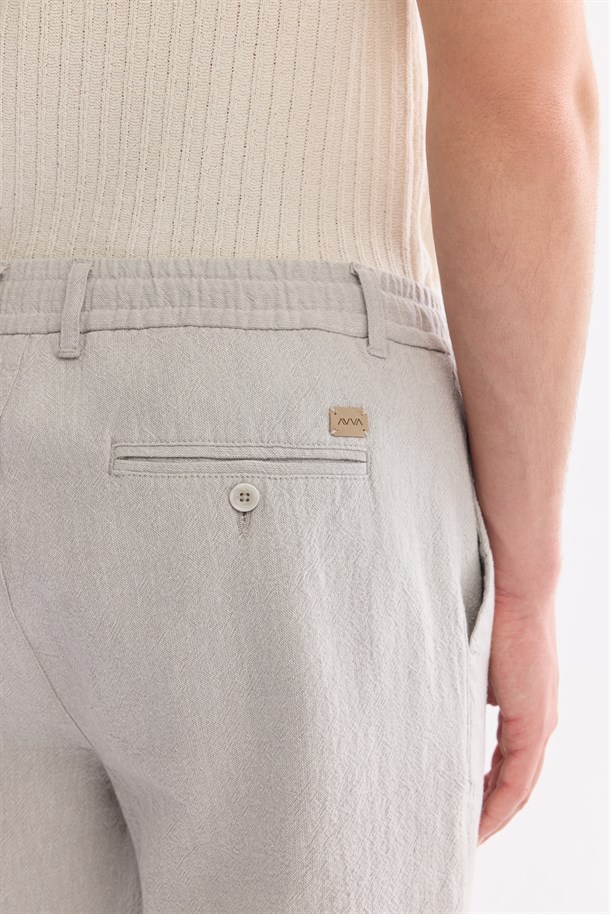 Gri Beli Bağcıklı Keten Karışımlı Chino Pantolon
