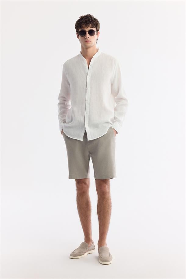 Gri Beli Lastikli %100 Keten Şort