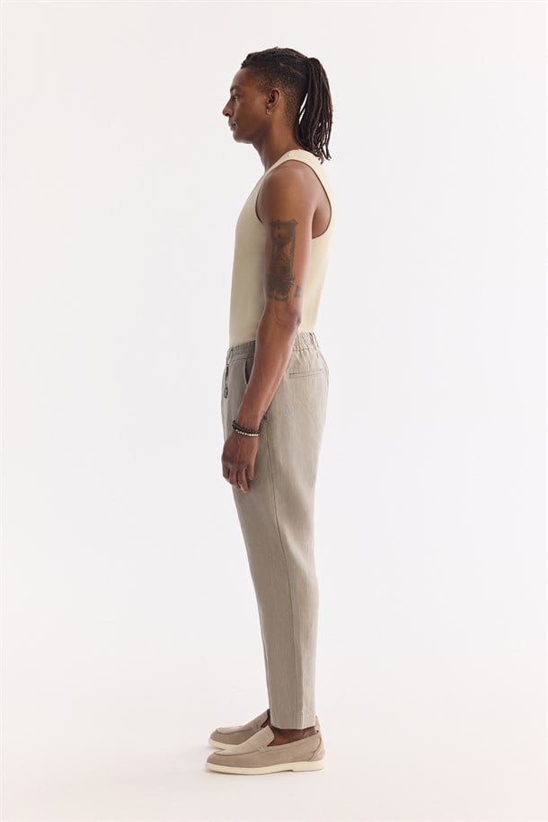 Gri Beli Lastikli %100 Keten Pantolon