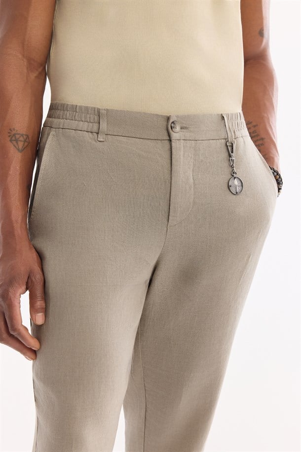 Gri Beli Lastikli %100 Keten Pantolon