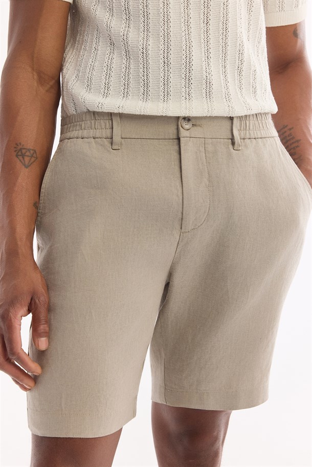 Gri Beli Lastikli %100 Keten Şort