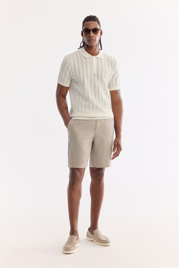 Gri Beli Lastikli %100 Keten Şort