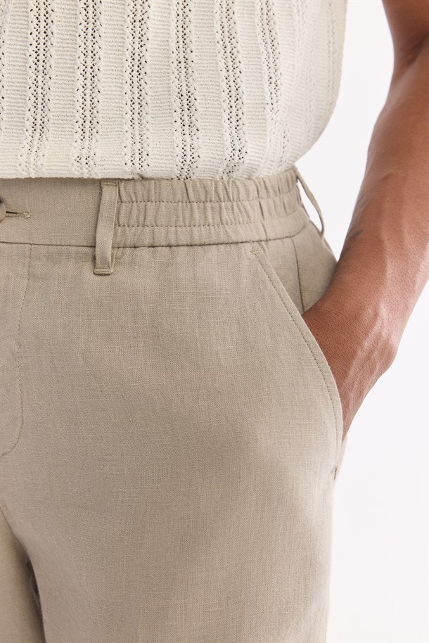 Grey Elastic Waist 100% Linen Shorts
