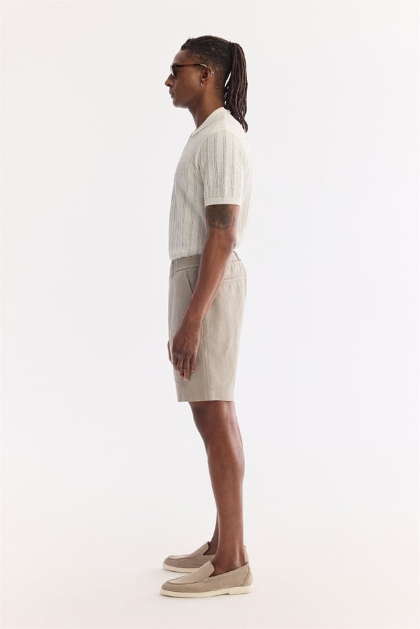 Gri Beli Lastikli %100 Keten Şort