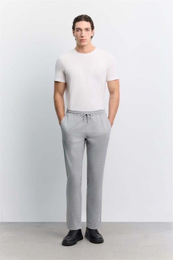 Gri Beli Lastikli Bağcıklı Duble Paça Jogger Pantolon