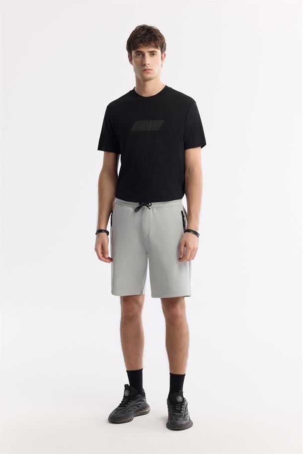 Gri Beli Lastikli Bağcıklı Bi-Stretch İnterlok Şort