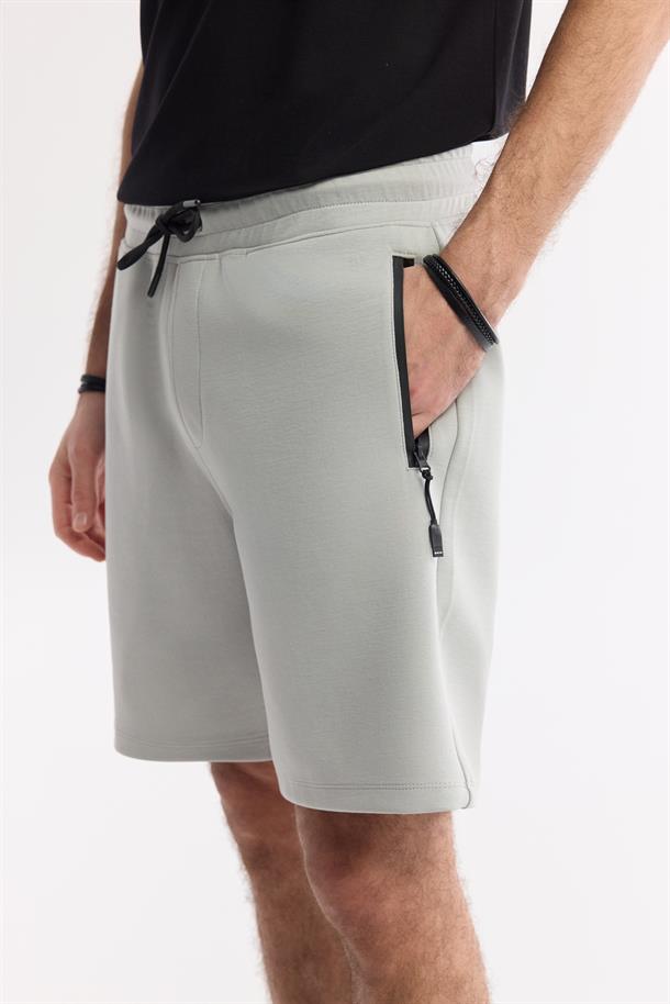 Gri Beli Lastikli Bağcıklı Bi-Stretch İnterlok Şort