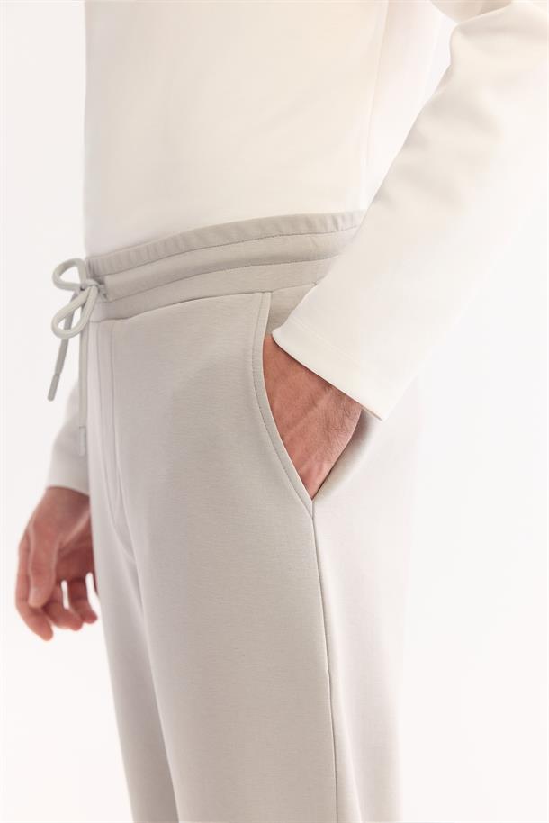 Gri Beli Lastikli Bağcıklı Pamuklu Bi-Stretch Eşofman Altı