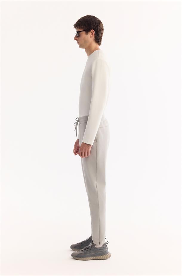 Gri Beli Lastikli Bağcıklı Pamuklu Bi-Stretch Eşofman Altı