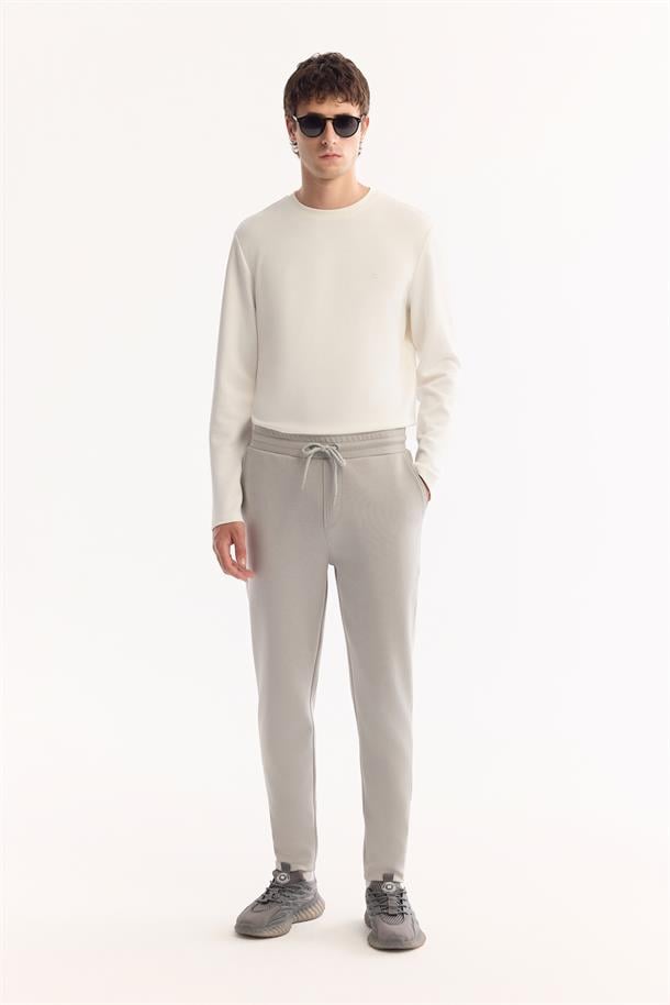 Gri Beli Lastikli Bağcıklı Pamuklu Bi-Stretch Eşofman Altı