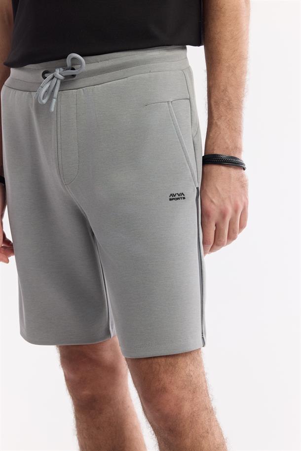 Gri Beli Lastikli Bağcıklı Soft Touch Örme Şort