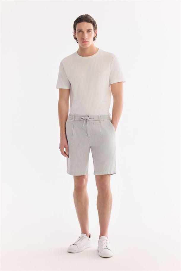 Gri Beli Lastikli Keten Karışımlı Şort