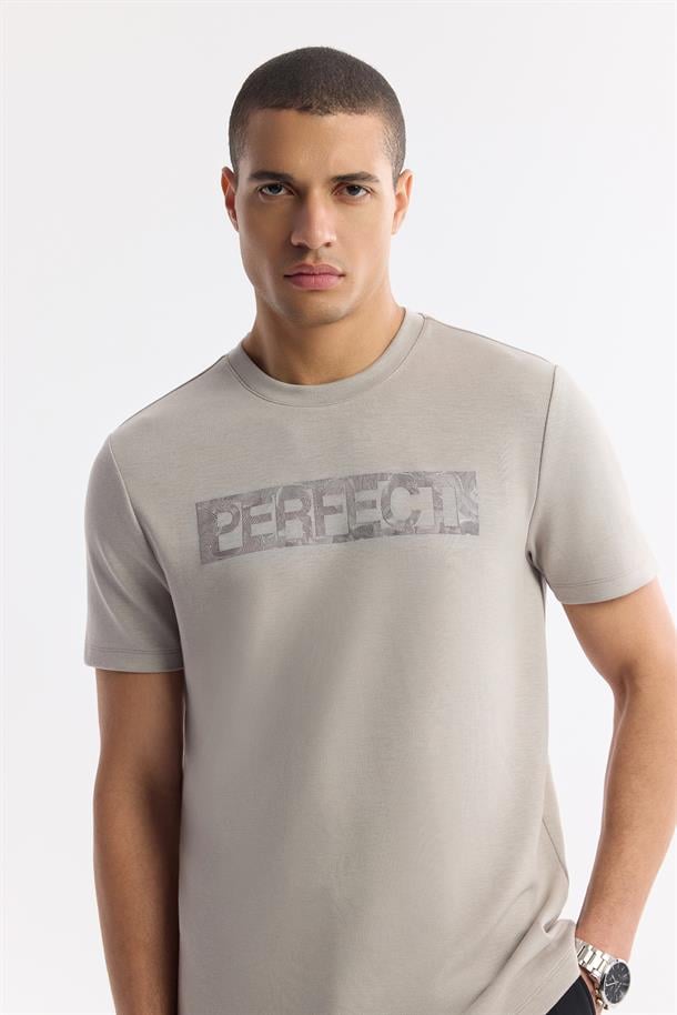 Gri Bisiklet Yaka Baskılı Bi-Stretch İnterlok T-Shirt