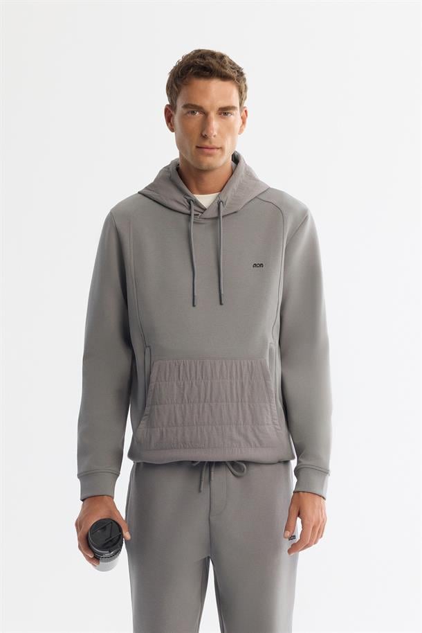 Gri Kapüşonlu Baskılı Elastan Sweatshirt