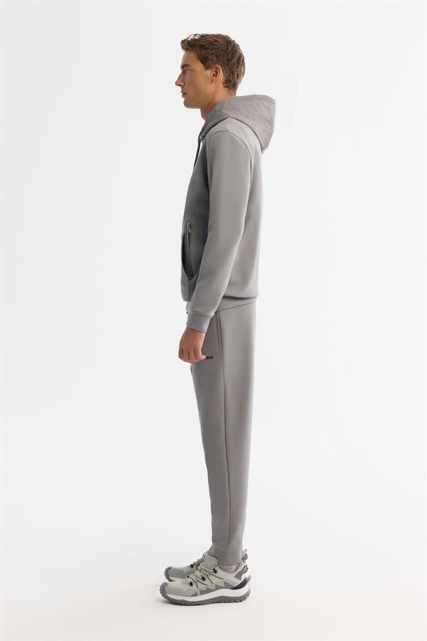 Gri Kapüşonlu Baskılı Elastan Sweatshirt