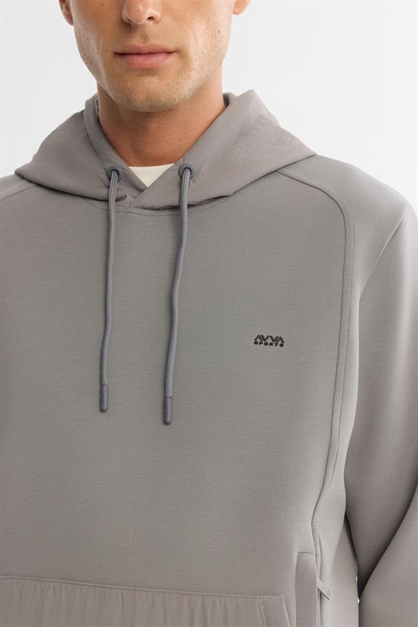 Gri Kapüşonlu Baskılı Elastan Sweatshirt