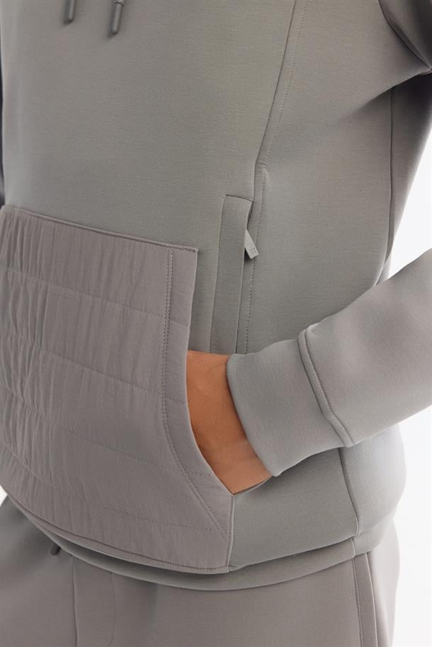 Gri Kapüşonlu Baskılı Elastan Sweatshirt