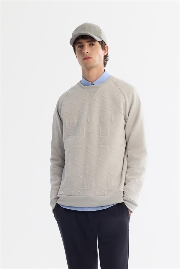 Gri Bisiklet Yaka Baskılı Elastan Sweatshirt