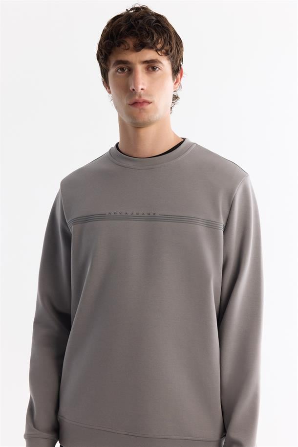 Gri Bisiklet Yaka Pamuklu Baskılı Elastan Sweatshirt