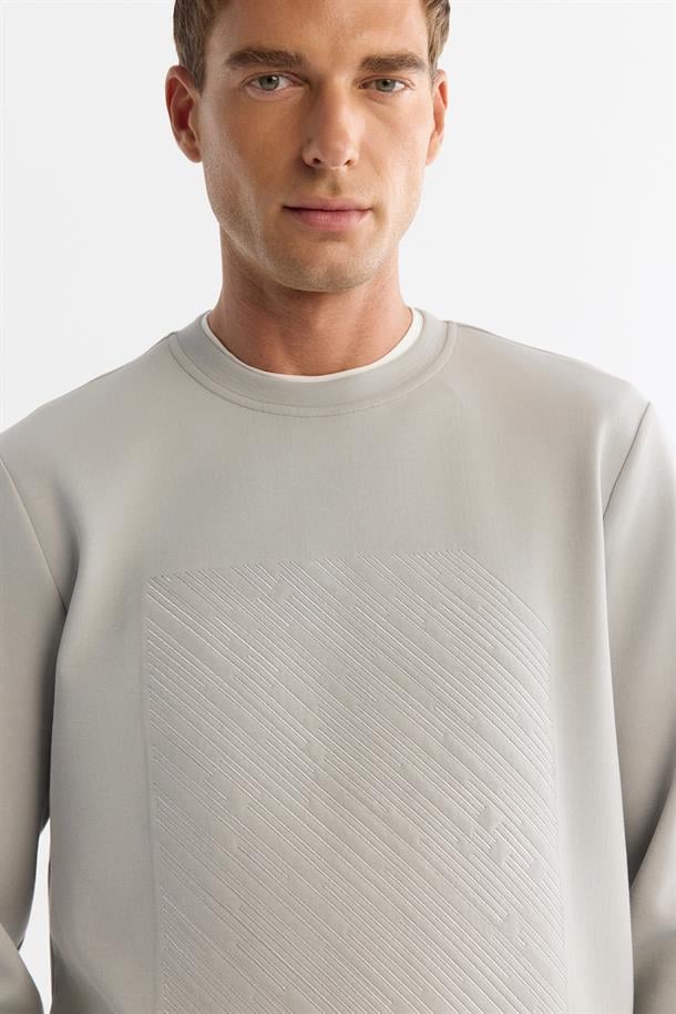 Gri Bisiklet Yaka Pamuklu Baskılı Elastan Sweatshirt