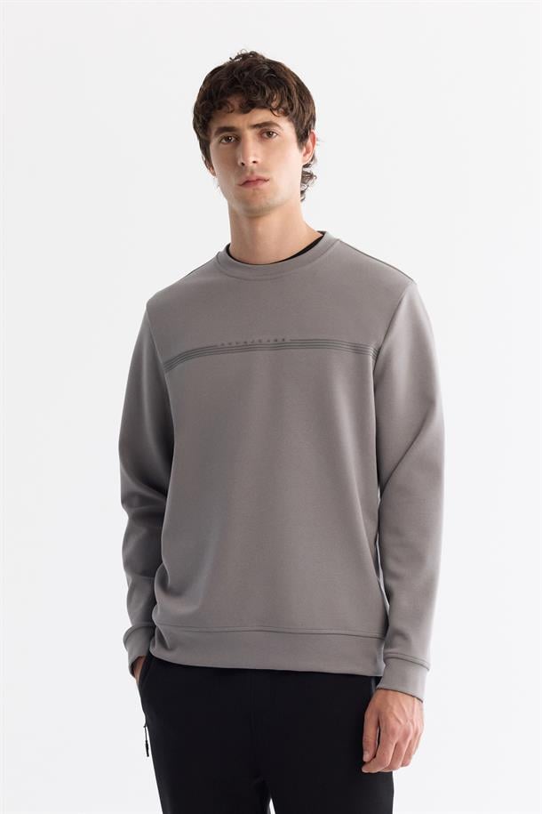 Gri Bisiklet Yaka Pamuklu Baskılı Elastan Sweatshirt