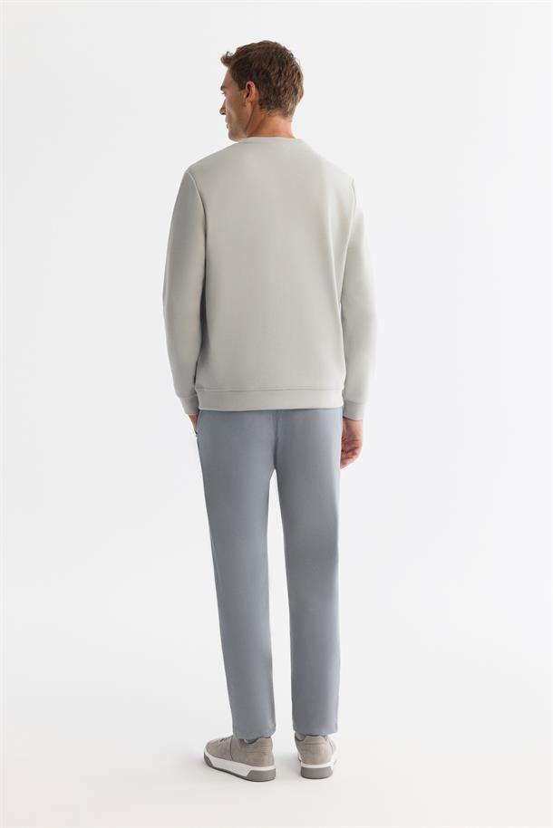 Gri Bisiklet Yaka Pamuklu Baskılı Elastan Sweatshirt