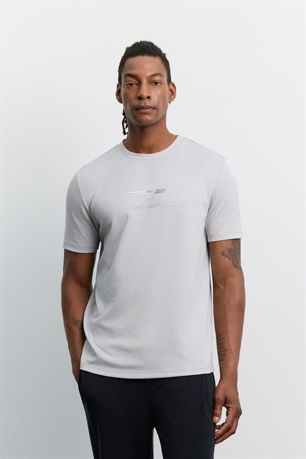 Gri  Bisiklet Yaka Baskılı Viskon Karışımlı Kolay Ütülenen T-Shirt