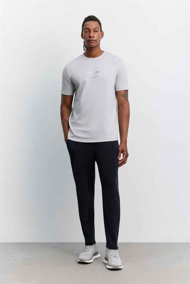 Gri  Bisiklet Yaka Baskılı Viskon Karışımlı Kolay Ütülenen T-Shirt