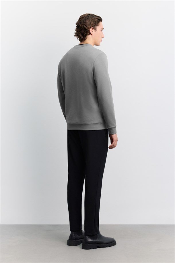 Gri Bisiklet Yaka Baskılı İnterlok Sweatshirt