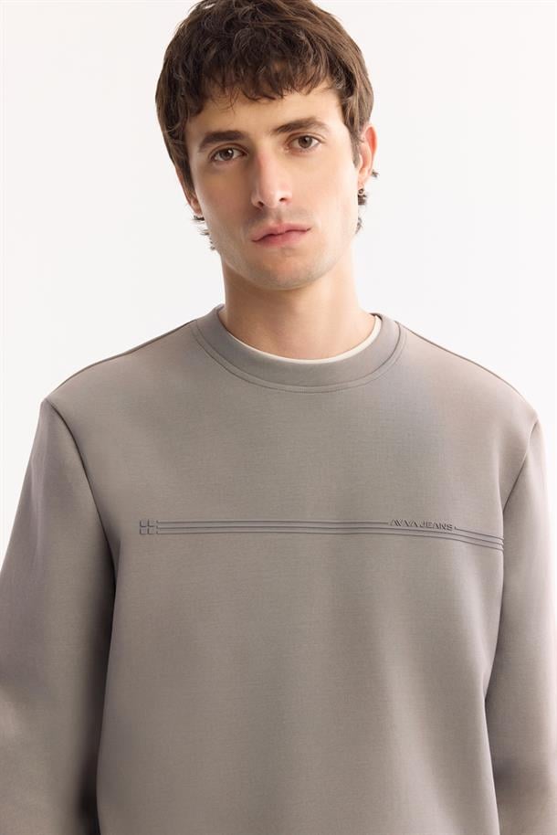 Gri Bisiklet Yaka Kolay Ütülenen Bi-Stretch Baskılı Sweatshirt