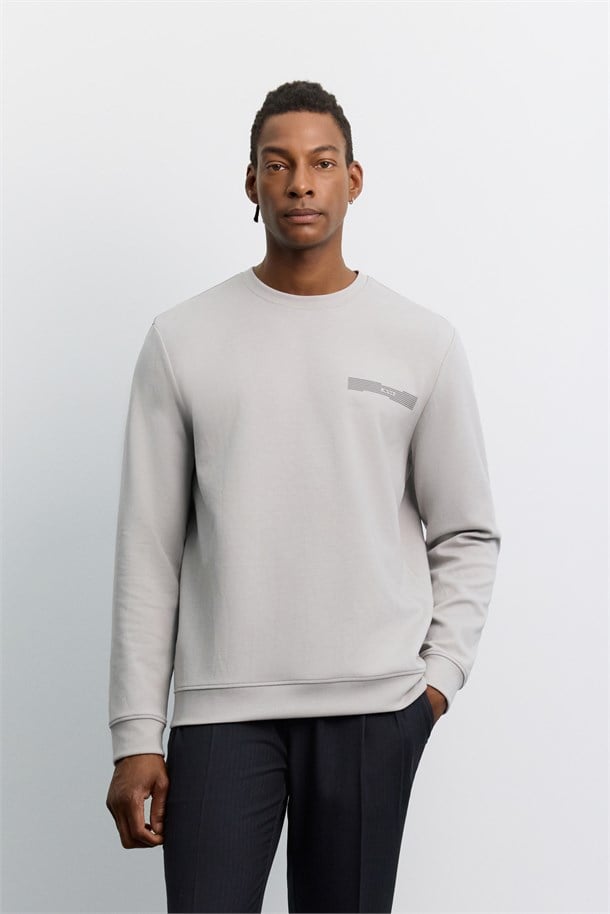 Gri Bisiklet Yaka Enjeksiyon Baskılı İnterlok Sweatshirt
