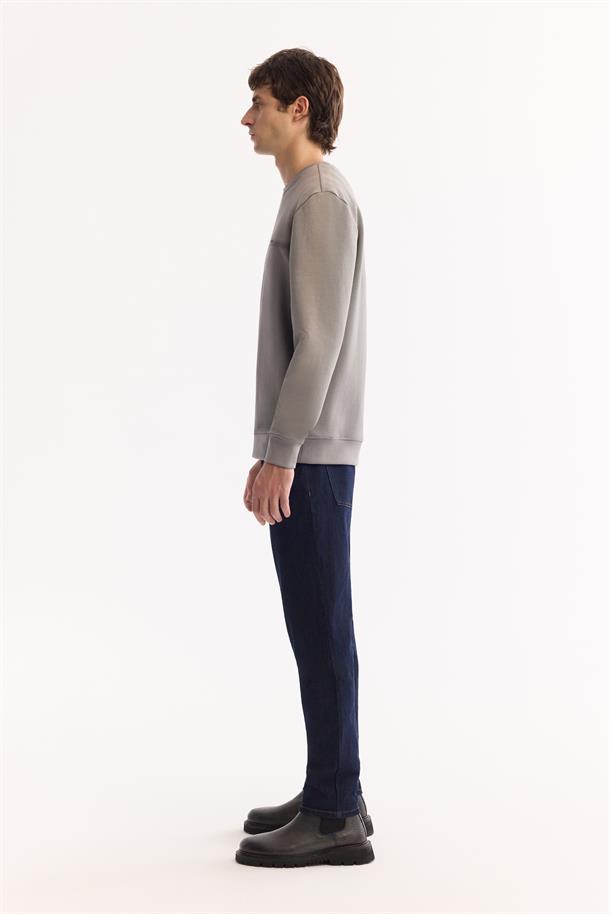 Gri Bisiklet Yaka Kolay Ütülenen Bi-Stretch Baskılı Sweatshirt