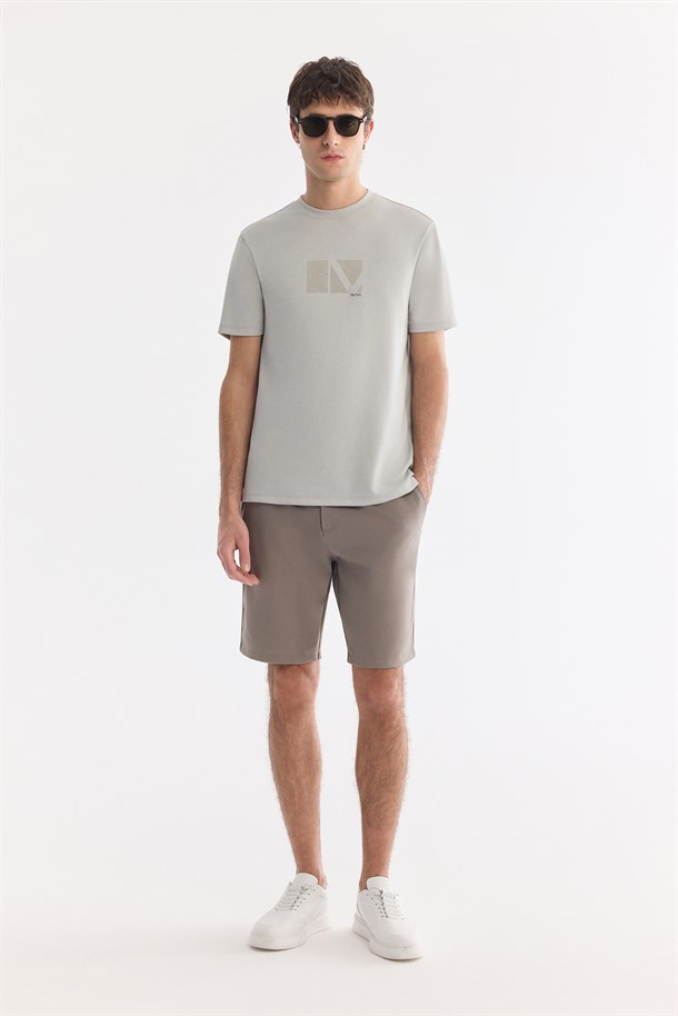 Gri Bisiklet Yaka Baskılı Viskon Karışımlı T-Shirt