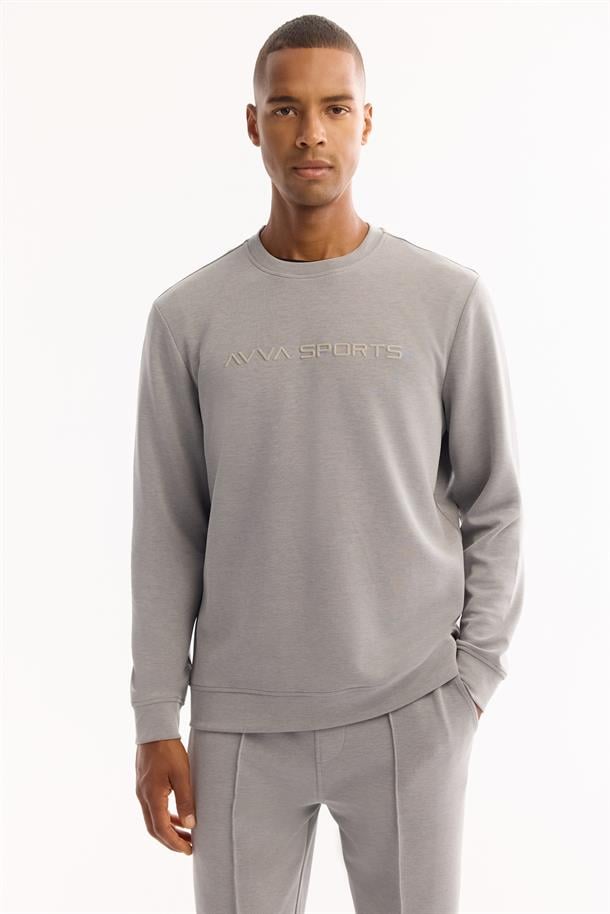 Gri Bisiklet Yaka Soft Touch Baskılı Sweatshirt