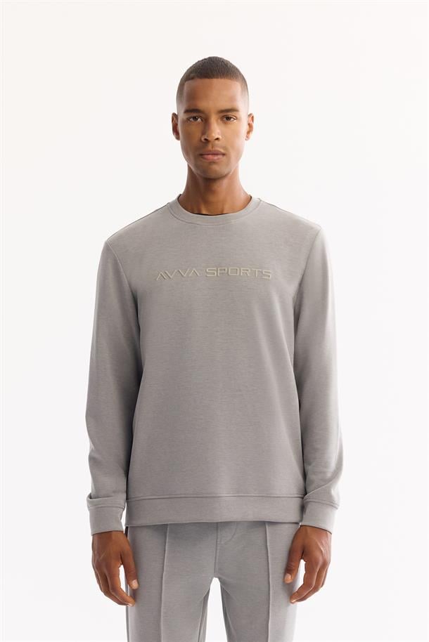 Gri Bisiklet Yaka Soft Touch Baskılı Sweatshirt