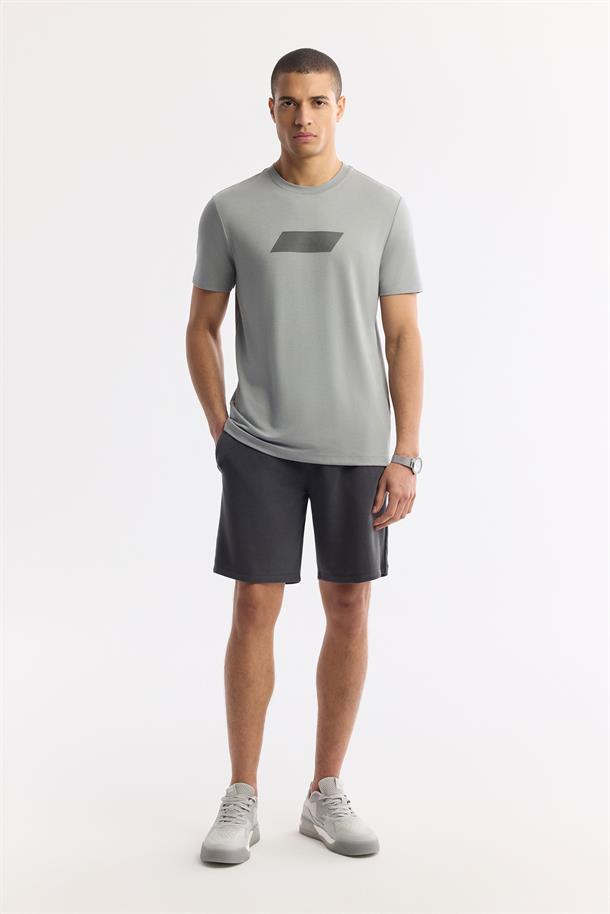 Gri Bisiklet Yaka Baskılı Rayon Soft Touch T-Shirt