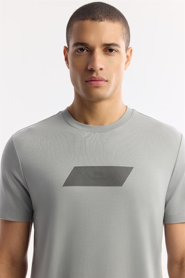 Gri Bisiklet Yaka Baskılı Rayon Soft Touch T-Shirt