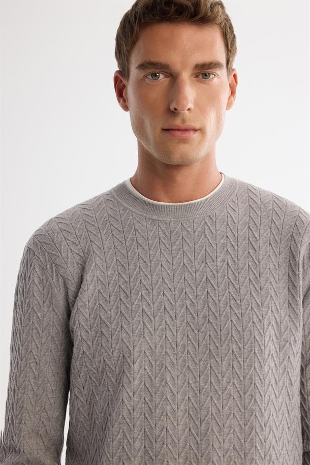 Gri Bisiklet Yaka Jakarlı Soft Touch Triko Kazak