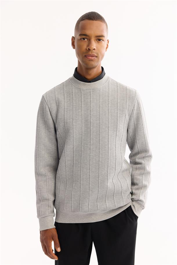 Gri Bisiklet Yaka Elastan  Kolay Ütülenen Çizgili Sweatshirt