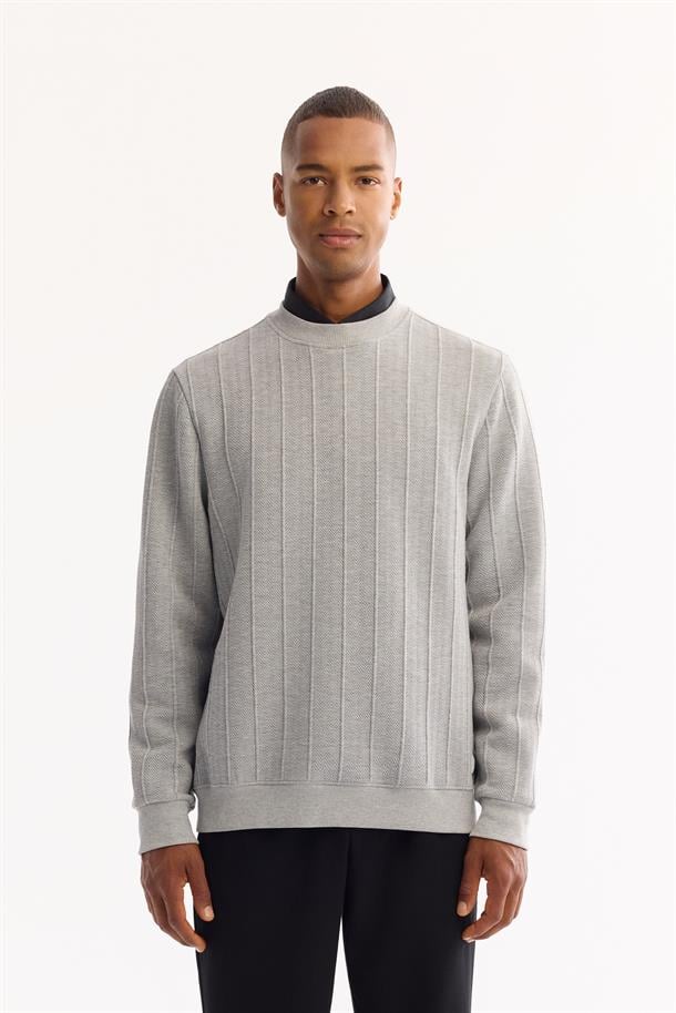 Gri Bisiklet Yaka Elastan  Kolay Ütülenen Çizgili Sweatshirt